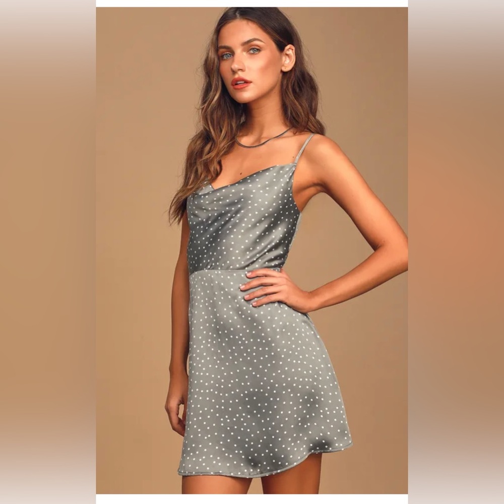 BRAND NEW Lulus: Spot in My Heart Sage Grey Polka Dot Satin Cowl Neck Mini Dress